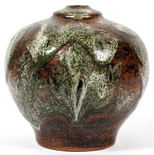 PLOEN STUDIO POTTERY VASE: PLOEN (NORWAY, 20TH C.) STUDIO POTTERY VASE, H 8", DIA 8":Mottled glaze of brown, black, white and green; signed "Ploen Norway" underneath (see additional photo). Erik Ploen.