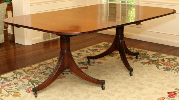 ENGLISH MAHOGANY DOUBLE-PEDESTAL DINING TABLE: ENGLISH MAHOGANY DOUBLE-PEDESTAL DINING TABLE, C. 1790, H 28 1/2", L 120" WITH TWO LEAVES:A mahogany dining table having a double-pedestal base, each ends in three splay legs, H.28 1/2" x 72" x 46", w
