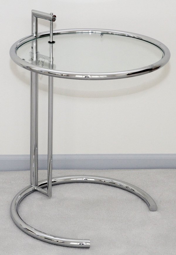 AFTER EILEEN GRAY CHROME & GLASS END TABLE: AFTER EILEEN GRAY, CHROME & GLASS ADJUSTABLE END TABLE, H 26", DIA 20":A modern chrome side table; no apparent markings.
