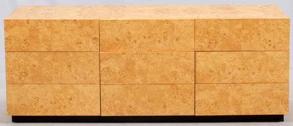 MILO BAUGHMAN STYLE BURL WOOD DRESSER: MILO BAUGHMAN STYLE BURL WOOD DRESSER, H 28", W 74":Featuring nine drawers. Measures H.28" x 74" x 19 3/4".