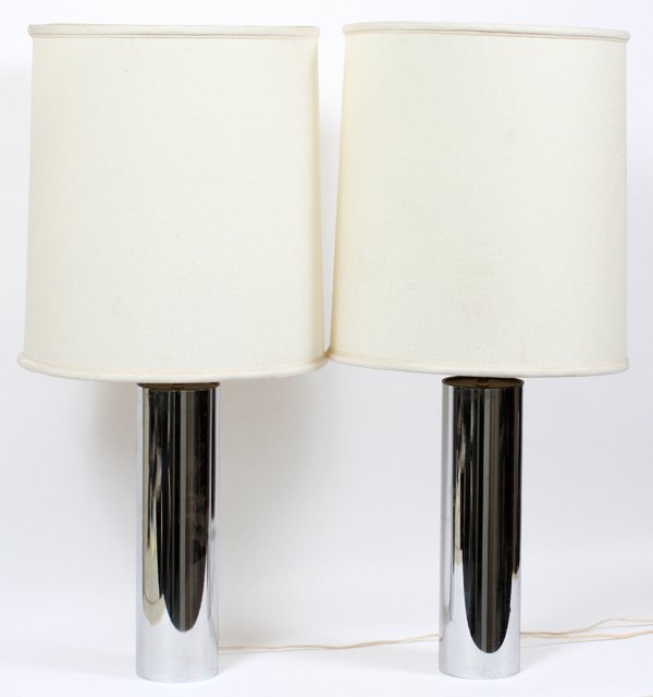 GEORGE KOVACS MID CENTURY MODERN CHROME TABLE LAMPS: GEORGE KOVACS MID CENTURY MODERN CHROME TABLE LAMPS, PAIR, H 33":A pair of single-light cylindrical shape table lamps.