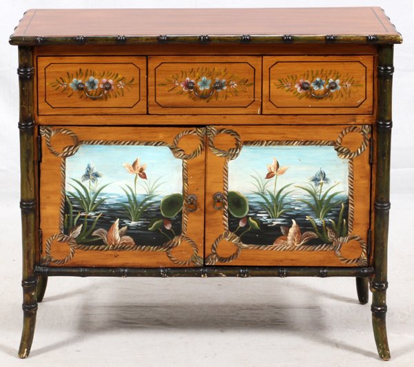 HAND DECORATED CHEST: HAND DECORATED CHEST, H 33", W 37":Circa 1970 having three drawers and two lower doors. Bamboo style corner supports and trim.