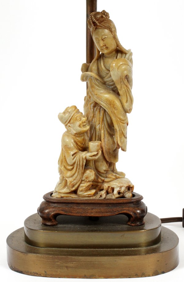 CHINESE SOAPSTONE FIGURE GROUP MOUNTED AS A LAMP (1 of 3)
