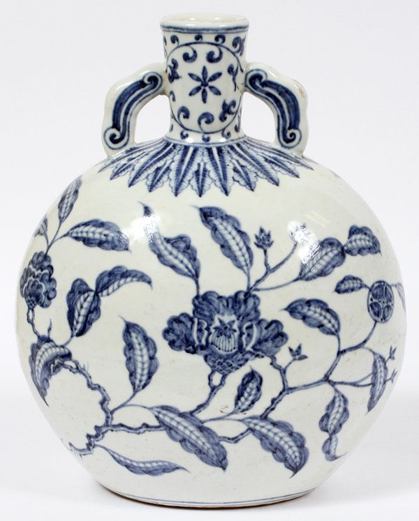CHINESE BLUE & WHITE PORCELAIN FLASK VASE: CHINESE BLUE & WHITE PORCELAIN FLASK VASE, H 12":Floral design. Measures H.12" x 9" x 6".