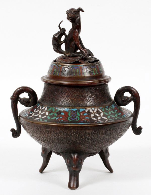 CHINESE BRONZE & CHAMPLEVE COVERED INCENSE BURNER (1 of 4)