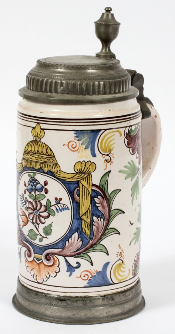 FRENCH FAIENCE POTTERY & PEWTER STEIN C. 1800 (1 of 2)