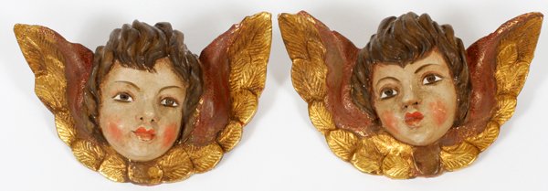 SPANISH CARVED & PAINTED WOOD ANGEL HEADS TWO (1 of 2)