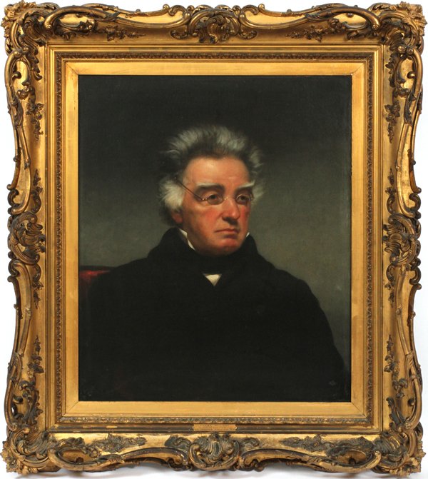 CHARLES CHESTER HARDING OIL ON CANVAS: CHARLES CHESTER HARDING (AMERICAN 1792-1866), OIL ON CANVAS, H 30", W 25", PORTRAIT OF DANIEL WEBSTER:Unsigned; 353 Broadway, New York stamped on verso of lining canvas; gilt period frame. Provenance: