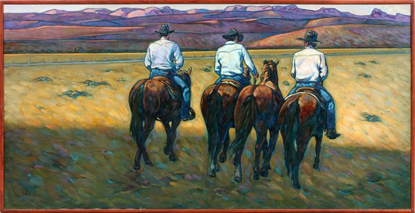 HOWARD E. POST OIL ON CANVAS: HOWARD E. POST, OIL ON CANVAS H 35" L 72" THREE RANCHERS:Three cowboys in Texas landscape. Contemporary American artist born in Tucson. Signed lower left: "H. E. Post". Howard Post completed his bache