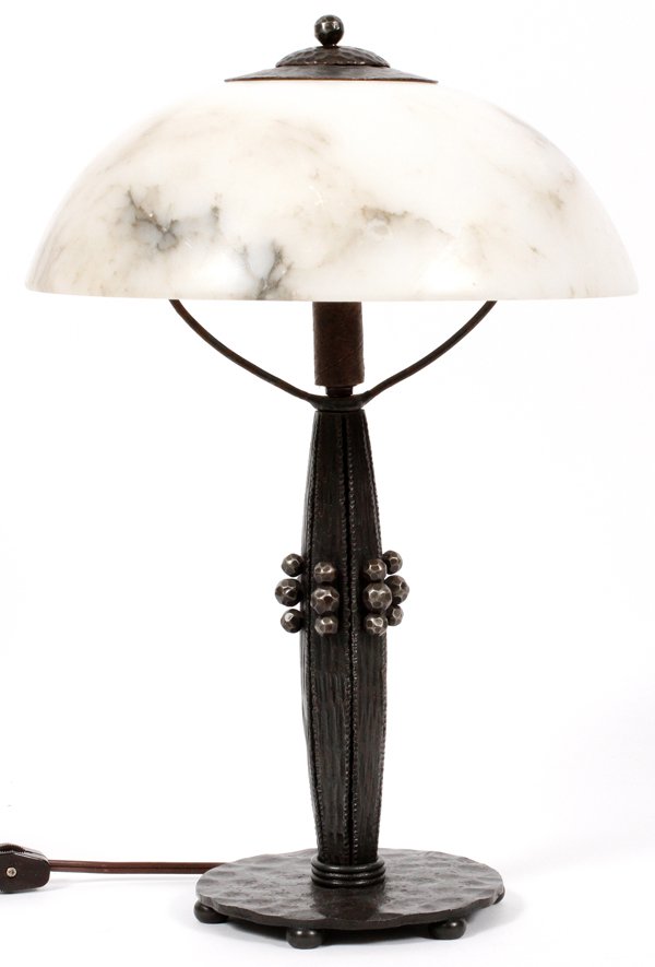 MARCEL BERGUE HAND FORGED IRON AND ALABASTER LAMP: MARCEL BERGUE HAND FORGED IRON AND ALABASTER LAMP C.1925 H 14 1/2'' DIA 10" SHADE:
