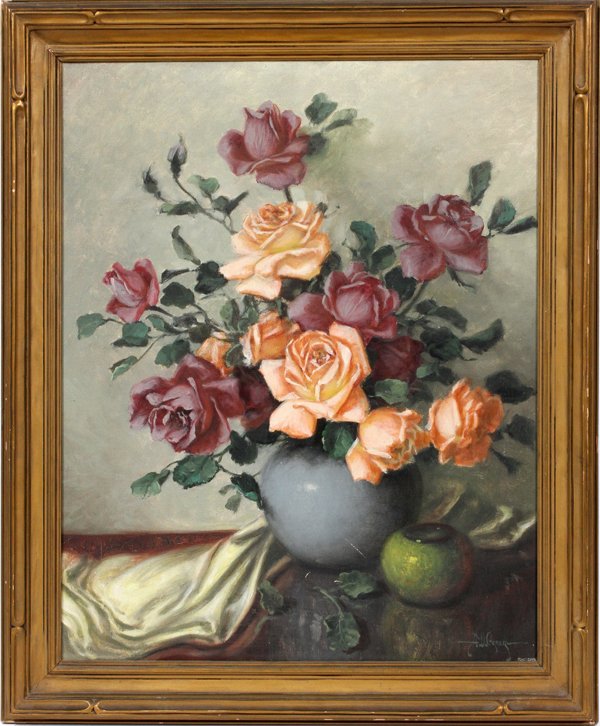A. D. GREER OIL ON CANVAS: A. D. GREER OIL ON CANVAS, H 24", L 20", STILL LIFE OF ROSES:A. D. Greer [American, 1904-1998]. A still life depicting burgundy and peach colored roses in a vase. Signed lower right. Framed.