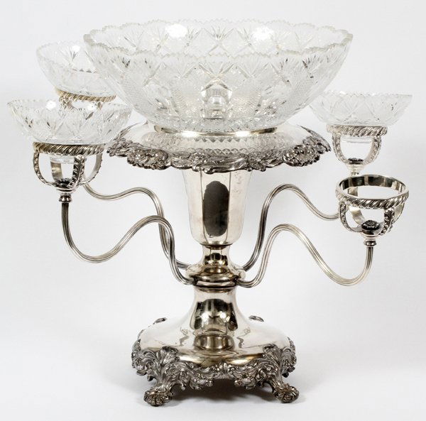 SHEFFIELD PLATE AND CRYSTAL EPERGNE CIRCA 1880 (1 of 3)