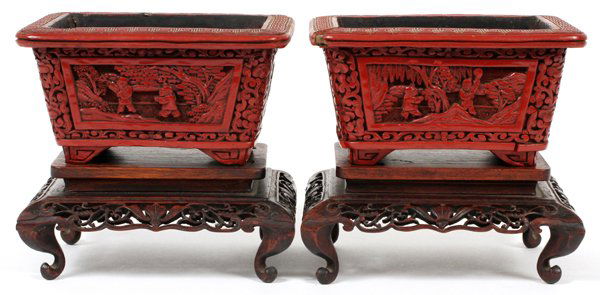 CHINESE CINNABAR PLANTERS ON STANDS PAIR 19TH.C. (1 of 3)