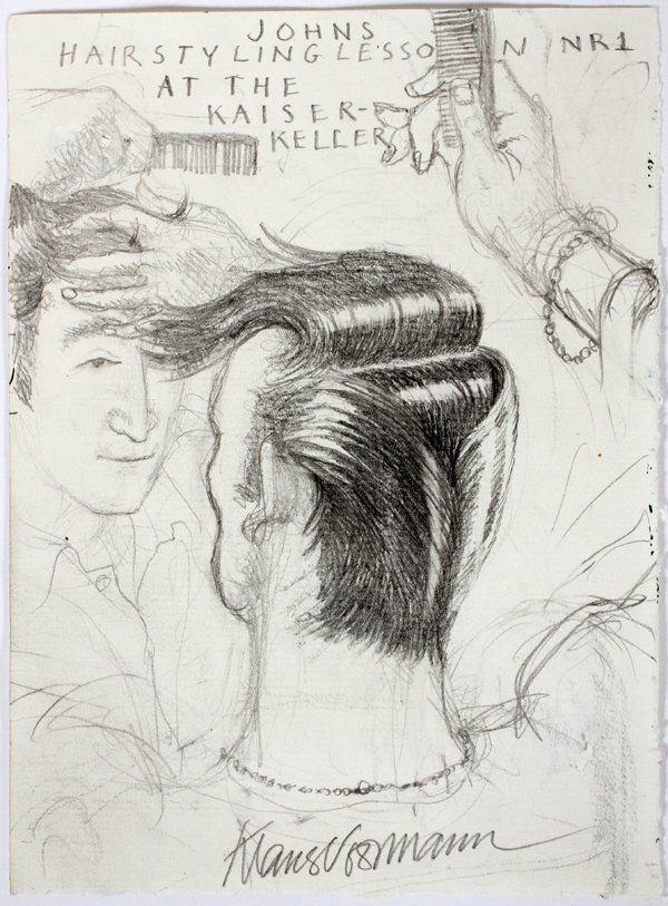 KLAUS VOORMAN DRAWING: KLAUS VOORMAN DRAWING H 8", L 5.75" "JOHNS HAIR STYLING LESSON AT THE KAISER-KELLER":Klaus Voormann [German, B. 1938]. A pencil drawing depicting John Lennon having his hair styled. Titled "Johns Hair