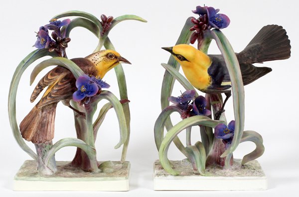 ROYAL WORCESTER BY DOROTHY DOUGHTY BISQUE PORCELAIN: ROYAL WORCESTER, BY DOROTHY DOUGHTY, LIMITED EDITION, BISQUE PORCELAIN, SCULPTURES, 1952, PAIR, H 11", YELLOW HEADED BLACKBIRDS:Depicts two Yellow Headed blackbirds sitting in small plants on integral