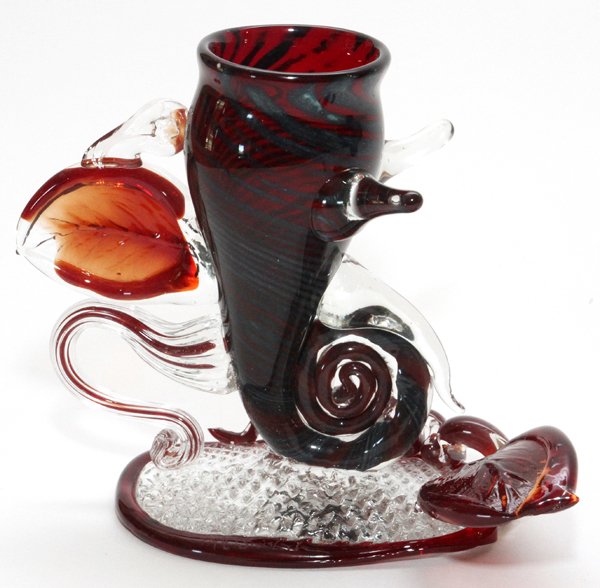 FRITZ DREISBACH STUDIO GLASS SCULPTURE: FRITZ DREISBACH (AMERICAN, B.1941), STUDIO GLASS SCULPTURE, H 6", W 7":An abstract snail form sculpture, having leafy accents and scrolling details. Signed at the bottom edge.