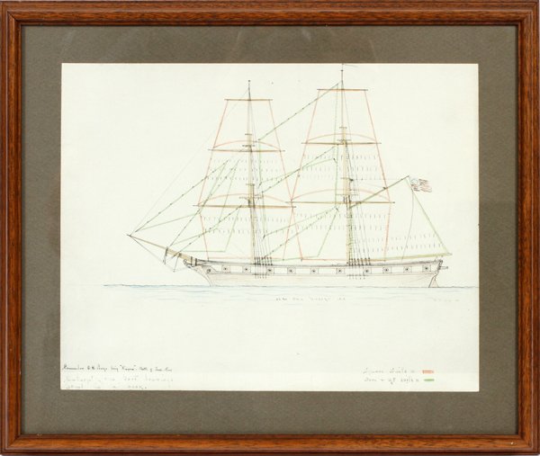 SAILING SHIP PRINT: AFTER R.P. JOY, PRINTED REPRODUCTION LINE DRAWING OF A SAILING SHIP, H 9 1/2", W 12", "THE NIAGARA":R.P. Joy of Grosse Pointe, MI. Framed and matted under glass.