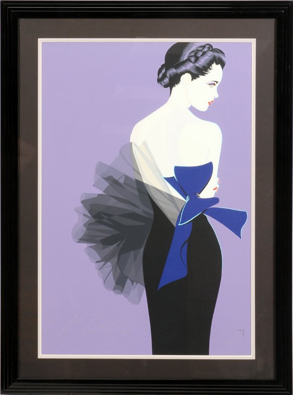ROBERT BLUE LIMITED EDITION CONTEMPORARY SERIGRAPH: ROBERT BLUE, LIMITED EDITION, CONTEMPORARY SERIGRAPH, #112/175, H 42", W 28", "JILL":Robert Blue (Amer 1946-1998), contemporary graphic of a woman in a black evening dress with blue bodice. Signed low