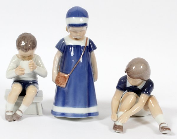 BING AND GRONDAHL PORCELAIN FIGURES 3 PCS.: BING AND GRONDAHL PORCELAIN FIGURES, 3 PCS., H 4"- 7":Including numbers 1713, 2317, and 1574. Made in Denmark and hand painted.