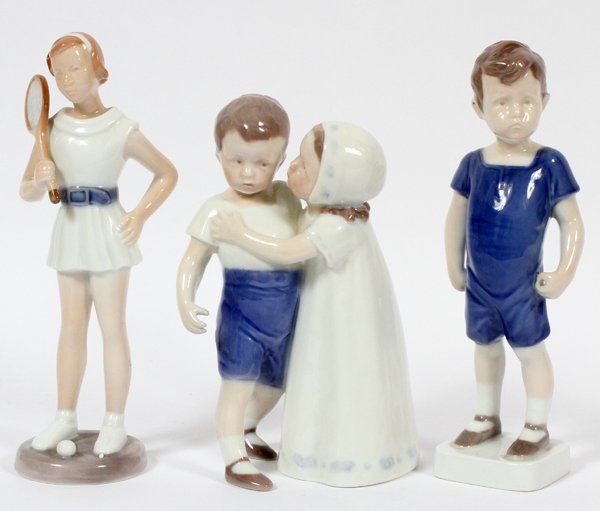 BING AND GRONDAHL PORCELAIN FIGURES 3 PCS.: BING AND GRONDAHL PORCELAIN FIGURES, 3 PCS., H 7"- 8":Including numbers 1614, 2364, 1617. Measuring H.6 3/4"- 8". Made in Denmark and hand painted.