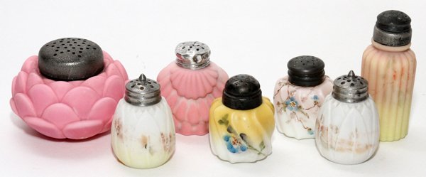 MT. WASHINGTON SATIN GLASS MUFFINEER & SHAKERS: MT. WASHINGTON SATIN GLASS MUFFINEER AND SALT AND PEPPER SHAKERS, 19TH C, 7 PIECES, H 2 1/2"-4":Including 1 Bermese salt and pepper shaker with vertical ribs, 5 others, and 1 muffineer.
