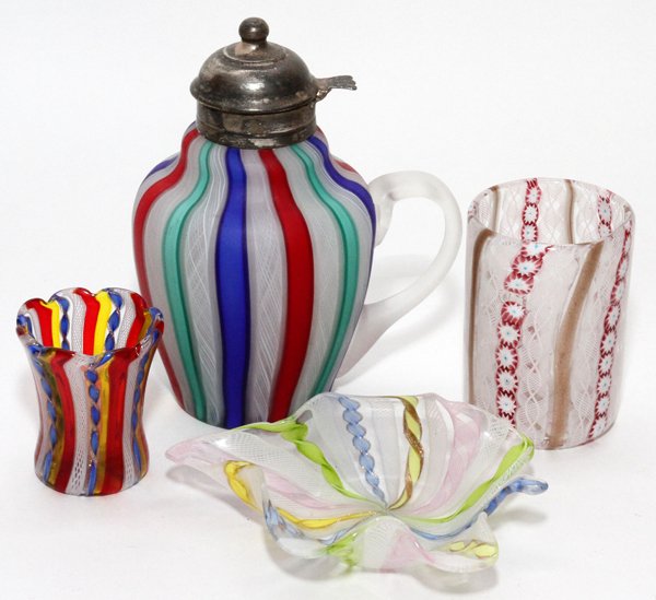 LATTICINO GLASS SYRUP JUG AND TABLE ARTICLES: LATTICINO GLASS SYRUP JUG, AND TABLE ARTICLES, 4 PIECES, H 1 1/4"-6 1/2":Handblown glass grouping includes 1 syrup jug, 1 toothpick holder, 1 tumbler, and 1 leaf form dish.