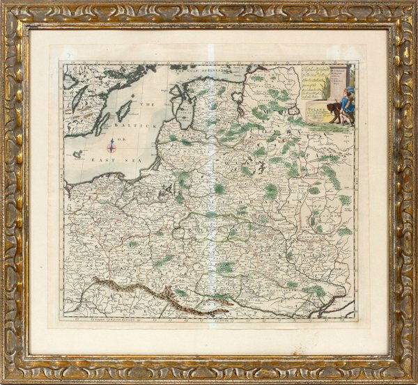 J. SENEX PUBLISHED POLISH MAP: J. SENEX PUBLISHED POLISH MAP, H 20.25", L 23.25":Publisher: J. Senex. Titled:" Poland and other Countries belonging to the Crowne According to the Newest Observation 1719". The map is "Most humbly In