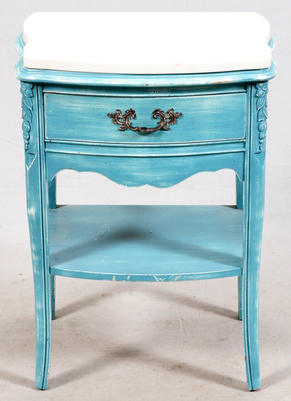 MARBLE TOP PAINTED WOOD NIGHTSTAND: MARBLE TOP PAINTED WOOD NIGHTSTAND, H 29", W 21":Painted blue, with drawer and a lower shelf.
