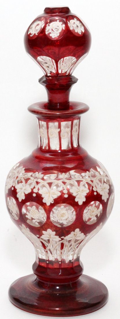 BOHEMIAN ENAMELED RUBY GLASS COLOGNE LATE 19TH C. (1 of 2)