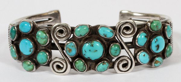 NAVAJO SILVER CUFF BRACELET W/ TURQUOISE (1 of 2)