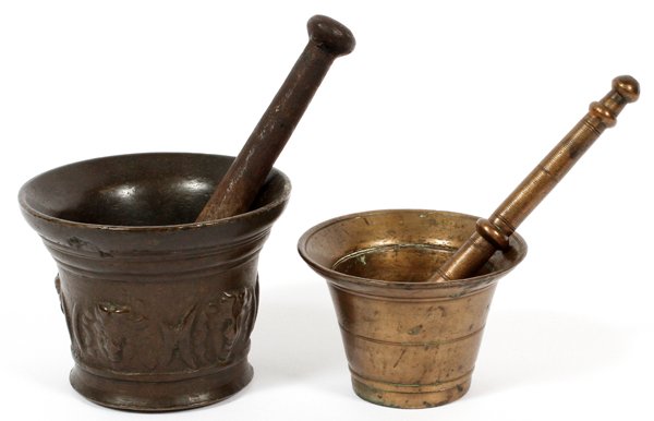 PATINATED METAL & BRASS MORTARS & PESTLES TWO SETS (1 of 1)