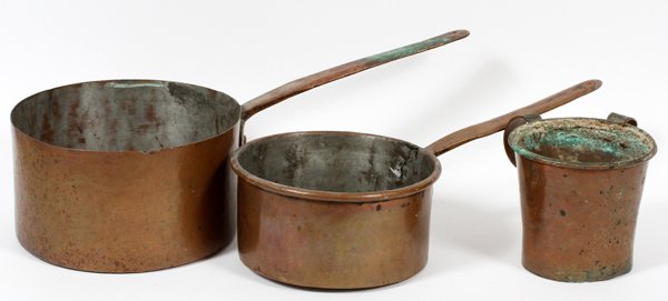 RUSSIAN ANTIQUE COPPER COOKING POTS AND DIPPER: RUSSIAN ANTIQUE COPPER COOKING POTS AND DIPPER, 3 PIECES, H 5 1/2", L 18"-21":Includes a two handled large cup, H.5 1/2", W.8", together with two pots, L.18"-21".