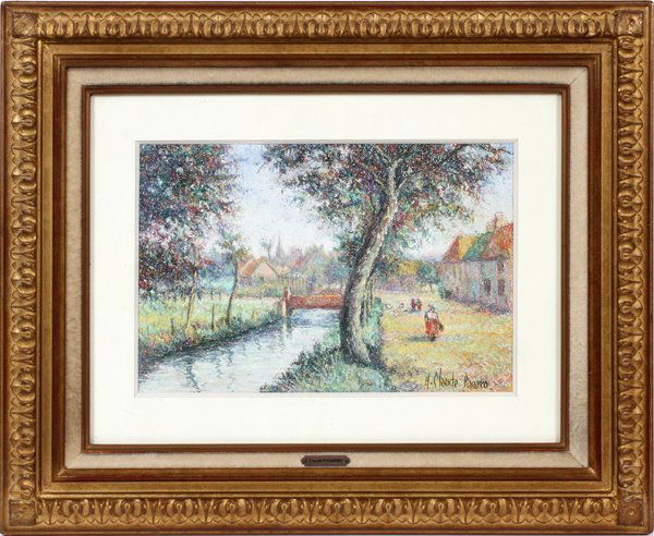 HUGHES CLAUDE PISSARRO PASTEL ON PAPER: HUGHES CLAUDE PISSARRO (FRENCH, B. 1935), PASTEL ON PAPER, H 9", L 13 3/4", "LA ROUTE DE VANDENESSE A MOULINS-ENGILBERT":Signed lower right "H. Claude Pissarro"; framed. Titled on verso of framing.