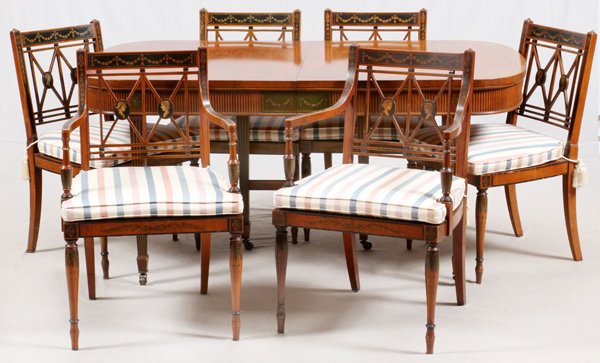 ROBERT IRWIN ADAMS STYLE SATINWOOD DINING ROOM SET: ROBERT IRWIN ADAMS STYLE SATINWOOD AND HAND PAINTED DINING ROOM SET:Includes a buffet, H.36 1/2" x 66" x 39", china cabinet, H.65" x 33" x 14", table, H.30" x 66" x 39", two armchairs, and four side c