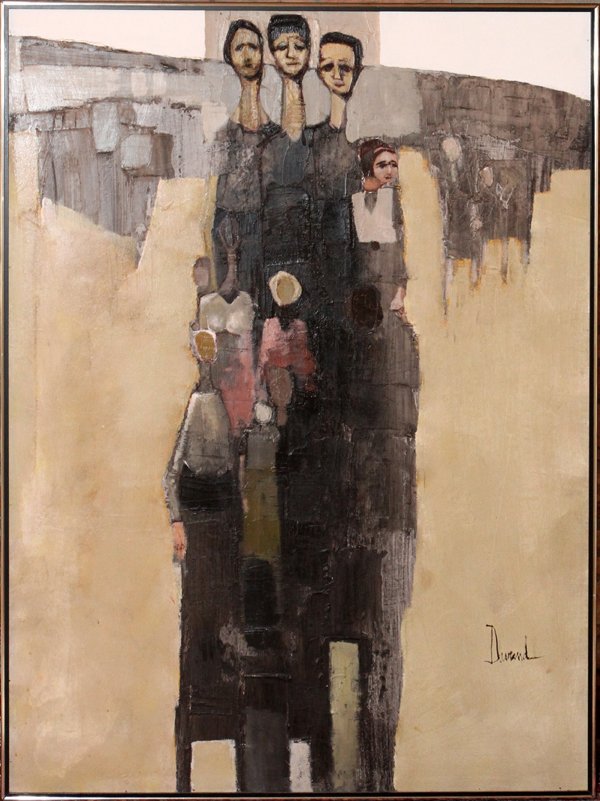 DURAND CONTEMPORARY OIL ON BOARD 48: DURAND, CONTEMPORARY OIL ON BOARD, 48", H 36", ELONGATED FAMILY:Possibly Joel Durand but not able to confirm; signed lower right; framed.