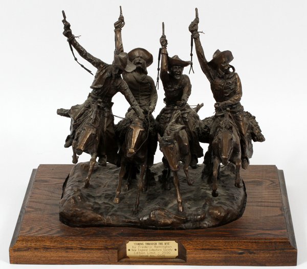AFTER FREDERIC REMINGTON BRONZE SCULPTURE C.1984: AFTER FREDERIC REMINGTON (AMERICAN, 1861-1909), BRONZE SCULPTURE, C.1984, H 13", 'COMING THROUGH THE RYE':Signed; on a wooden base. Measures H.13", W.16" overall, and the sculpture measures H.11", W.1