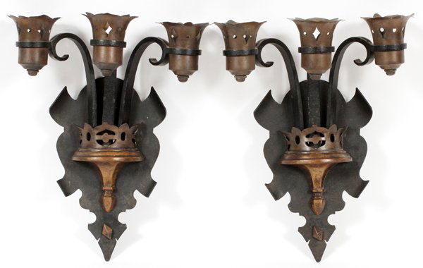DECO COPPER AND WROUGHT IRON WALL SCONCES PAIR (1 of 2)