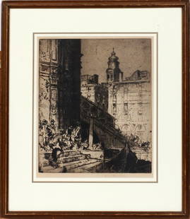 SIR FRANK BRANGWYN ETCHING: SIR FRANK BRANGWYN, ETCHING, H 15", W 12", "BRUGES":Pencil signed. Bruges, Belgium. British 1967 - 1956. Framed.