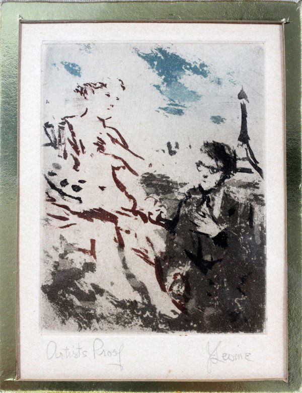 JACK LEVINE COLOR AQUATINT ON PAPER: JACK LEVINE, COLOR AQUATINT ON PAPER, H 3 7/8", W 3", "AN AMERICAN IN PARIS":Pencil signed lower right, Artist Proof lower left. Matted and framed under glass. Garelick's Gallery, Detroit label on ver