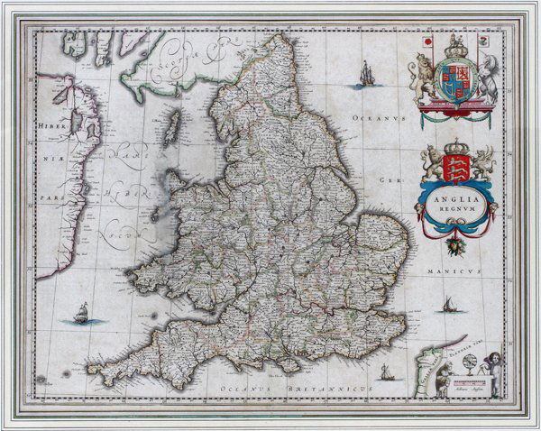 G. BLAEU ENGRAVED MAP ANGLICA REGNUM: G. BLAEU, ENGRAVED MAP, ANGLICA REGNUM, 15" X 21":Hand colored. Paul Victorius custom frame. Engraved map H 15 1/4", W 21". Custom frame 26" x 30".