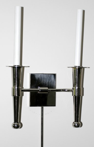 FREDERICK COOPER, CHROME PLATE SCONCE, H 17": FREDERICK COOPER, CHROME PLATE TWO-LIGHT SCONCE, H 17", W 11 1/2":Modern style, one sconce with two lights.