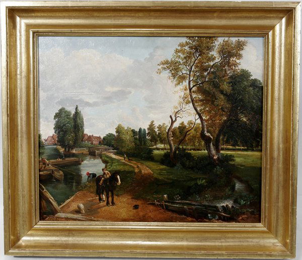 OIL ON PANEL, LANDSCAPE W/ VILLAGERS BY CANAL: AFTER JOHN CONSTABLE, OIL ON PANEL, 'LANDSCAPE WITH VILLAGERS BY A CANAL', 15 3/4" X 18 3/4":Unsigned, framed size 20 1/2" x 23 1/2".