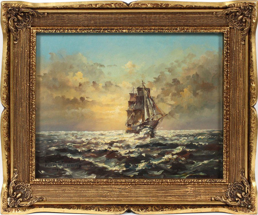 E. HUTHER FURTH BAY OIL ON CANVAS 1946: E. HUTHER, FURTH BAY, OIL ON CANVAS, 1946, H 15", W 19", SAIL BOAT ON SEAS:German school. Depicts a square rigged schooner under full sail on choppy "Furth bay" with setting sun. Signed lower left and