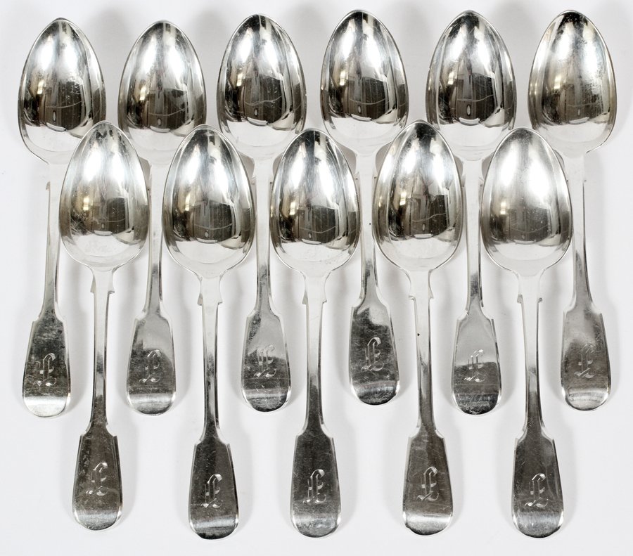 JAMES HYDE LONDON STERLING SILVER SOUP SPOONS 1861: JAMES HYDE, LONDON, STERLING SILVER SOUP SPOONS, 1861, 11 PCS.:James Hyde London marked Sterling silver soup spoons, 1861, 17.77 tr. Oz. total