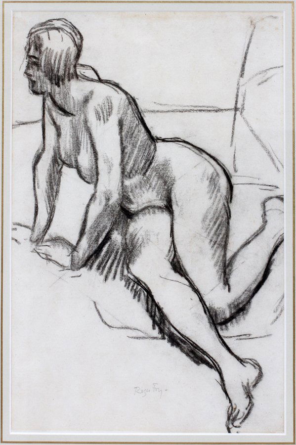 ROGER FRY PENCIL SIGNED CHARCOAL DRAWING: ROGER FRY (1866-1934), PENCIL SIGNED, CHARCOAL DRAWING, H 17", W 11", "NUDE LEANING FORWARD":Bloomsburg Workshop label on verso inscribed: "Roger Fry 1866-1934 Nude Leaning Forward Charcoal 1927 signe