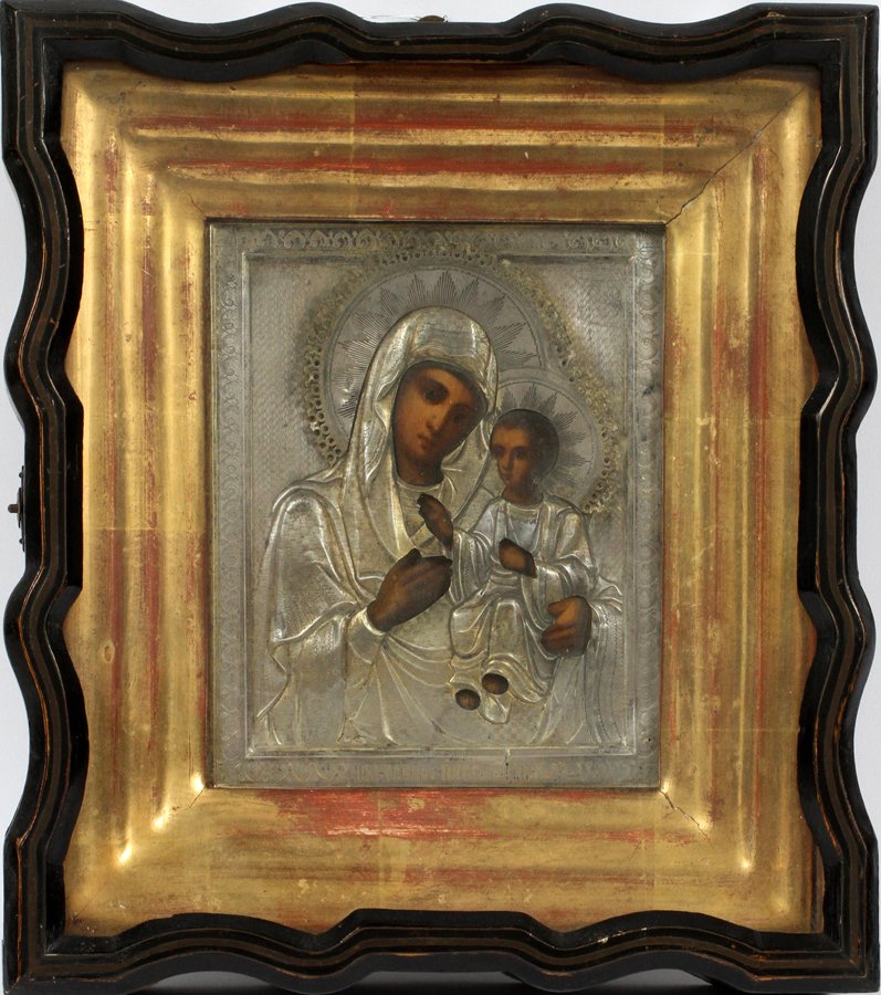 RUSSIAN ICON MARY AND CHRIST CHILD: RUSSIAN ICON MARY AND CHRIST CHILD GILT WOOD FRAME IN SHADOW BOX FRAME WITH GLASS W 6 1/2'' L 5''.:Russian Icon depicts the Virgin Mary and the Christ Child. Having a gilt wood frame all mounted in a 