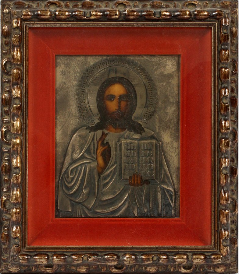 RUSSIAN ICON OF CHRIST: RUSSIAN, ICON OF CHRIST, W 8'', L 6 1/2''.:Russian icon of Christ, mounted in a wood shadow box frame.