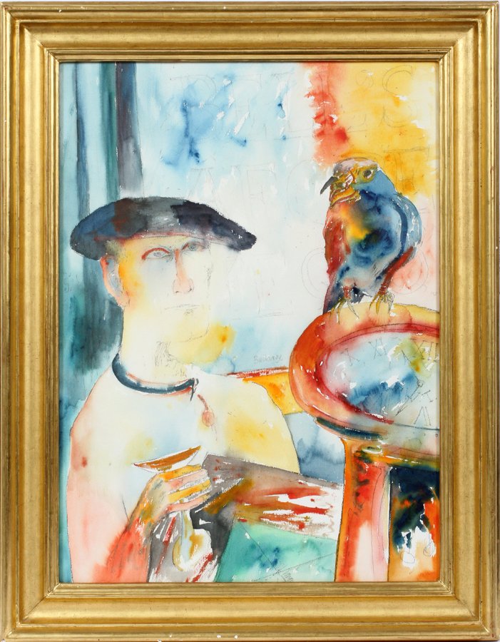 JOHN BELLANY WATERCOLOR 1985: JOHN BELLANY, WATERCOLOR, 1985, H 31", W 32", BELL'S:John Bellany watercolor of bells. Odette Gallery, London label on the verso inscribed: "John Bellany Bell's Watercolour 1985"