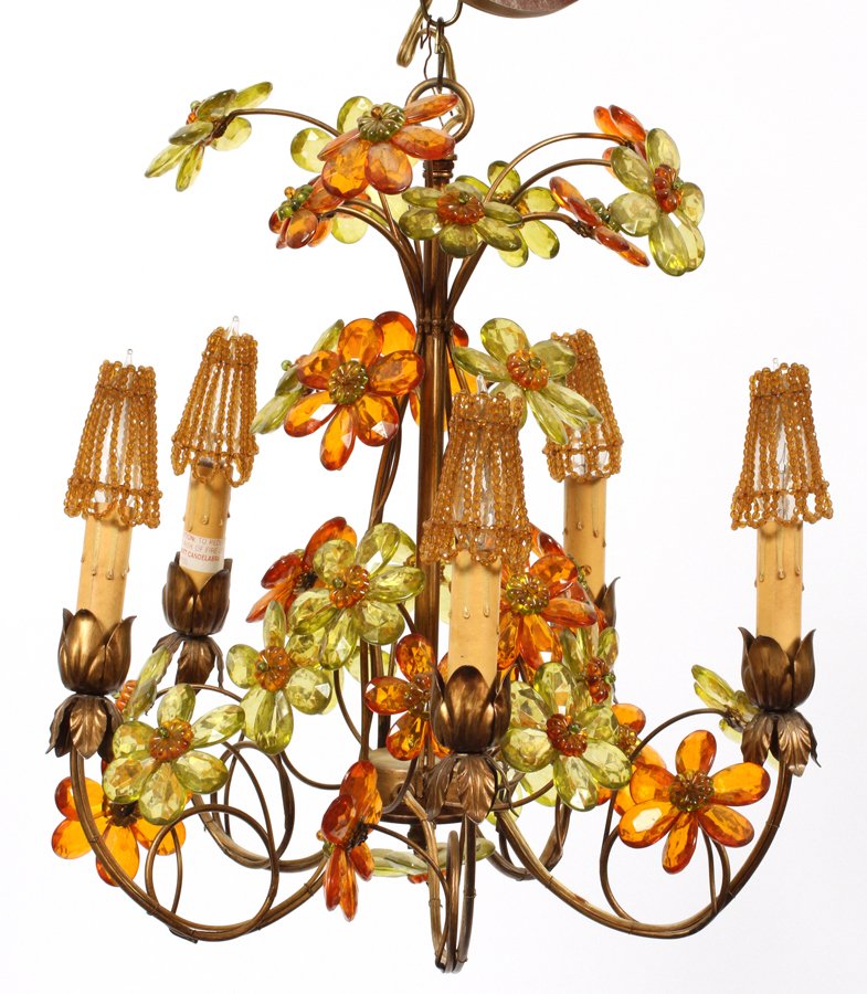 FIVE LIGHT FLORAL FORM CHANDELIER MID 20TH CENTURY: FIVE LIGHT FLORAL FORM CHANDELIER, MID 20TH CENTURY, H 21", DIA 15":With beaded shades and accents in yellow, green, and pink flowers. From the Estate of Daniel Clancy, Voltaire Place, Grosse Pointe F