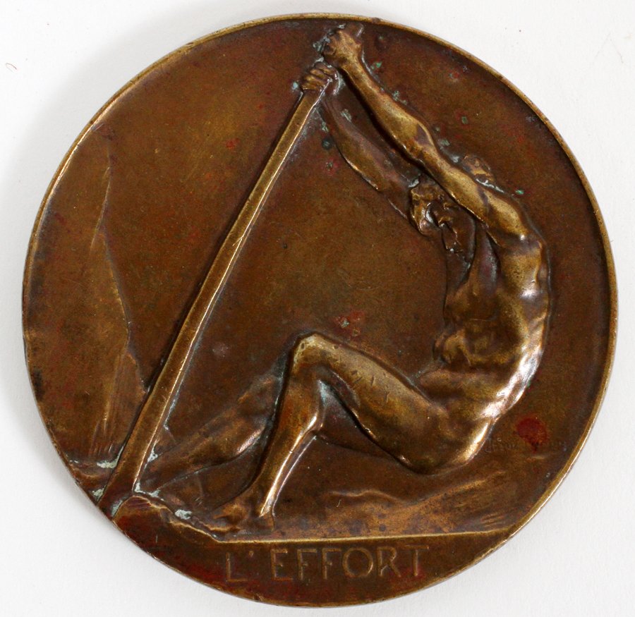 JOSUE DUPON OLYMPIC MEDAL 'EFFORT AND STRENGTH': JOSUE DUPON, OLYMPIC BRONZE MEDAL, 'EFFORT AND STRENGTH' 1932, DIA 74MM:Symbol 'horn of plenty' and 'Effort and strength'. France School of Moyenne.